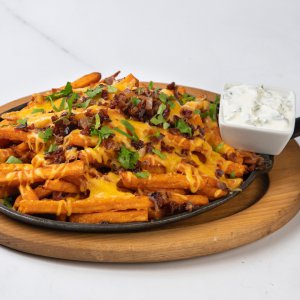 Bacon-sweet potatoes cheese fries (cheddar or blue cheese),  parsley and herb dip